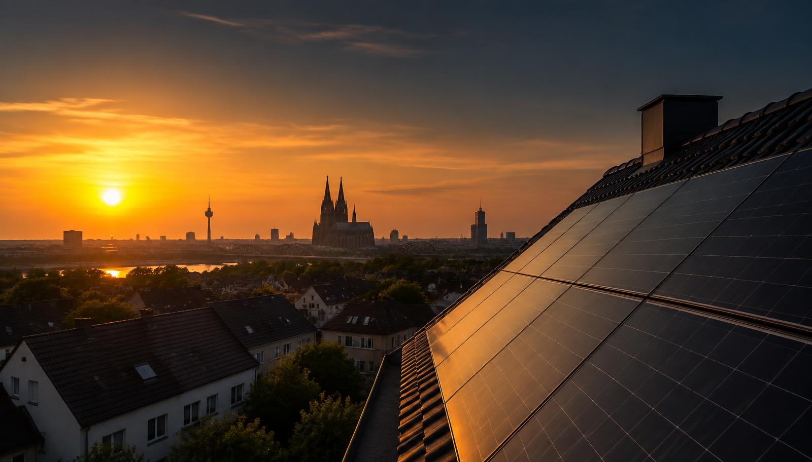 Photovoltaikanlage auf einem Hausdach in Köln mit Blick auf den Dom bei Sonnenuntergang