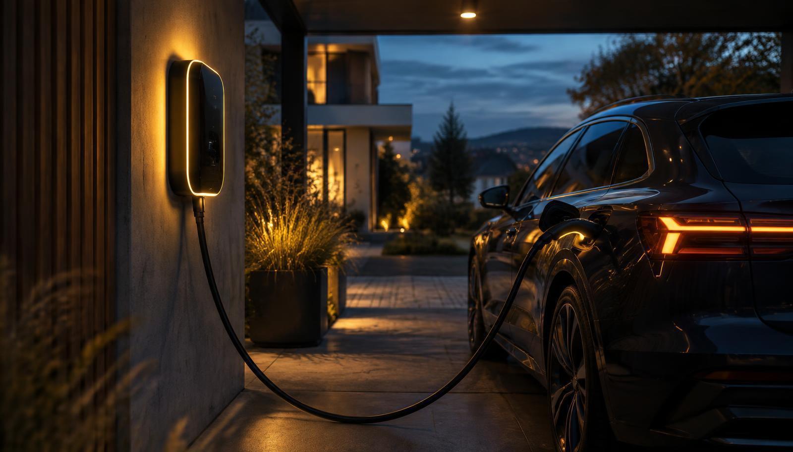 Wallbox an einer Hauswand in Köln lädt ein Elektroauto bei Dämmerung