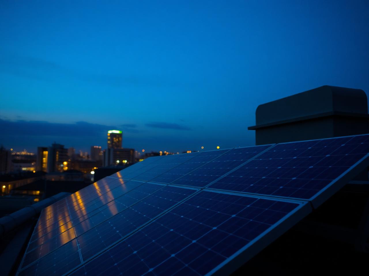 Photovoltaikmodule auf einem Dach in Köln in der Dämmerung