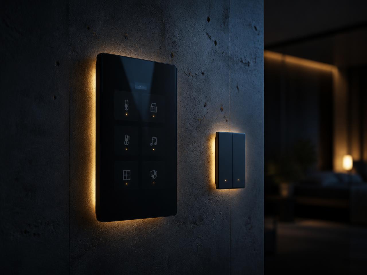 Smart-Home-Bedienpanel an einer Betonwand