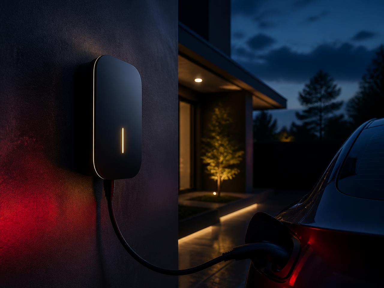 Wallbox an einer Hausfassade in Köln bei Dämmerung